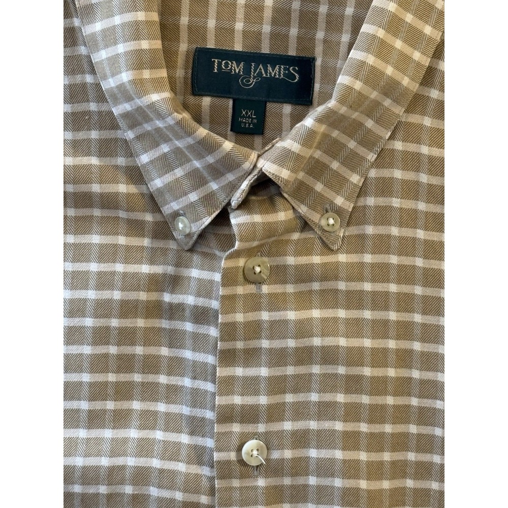 Tom James Shirt Mens XXL Brown Plaid Button Down Long Sleeve Made USA